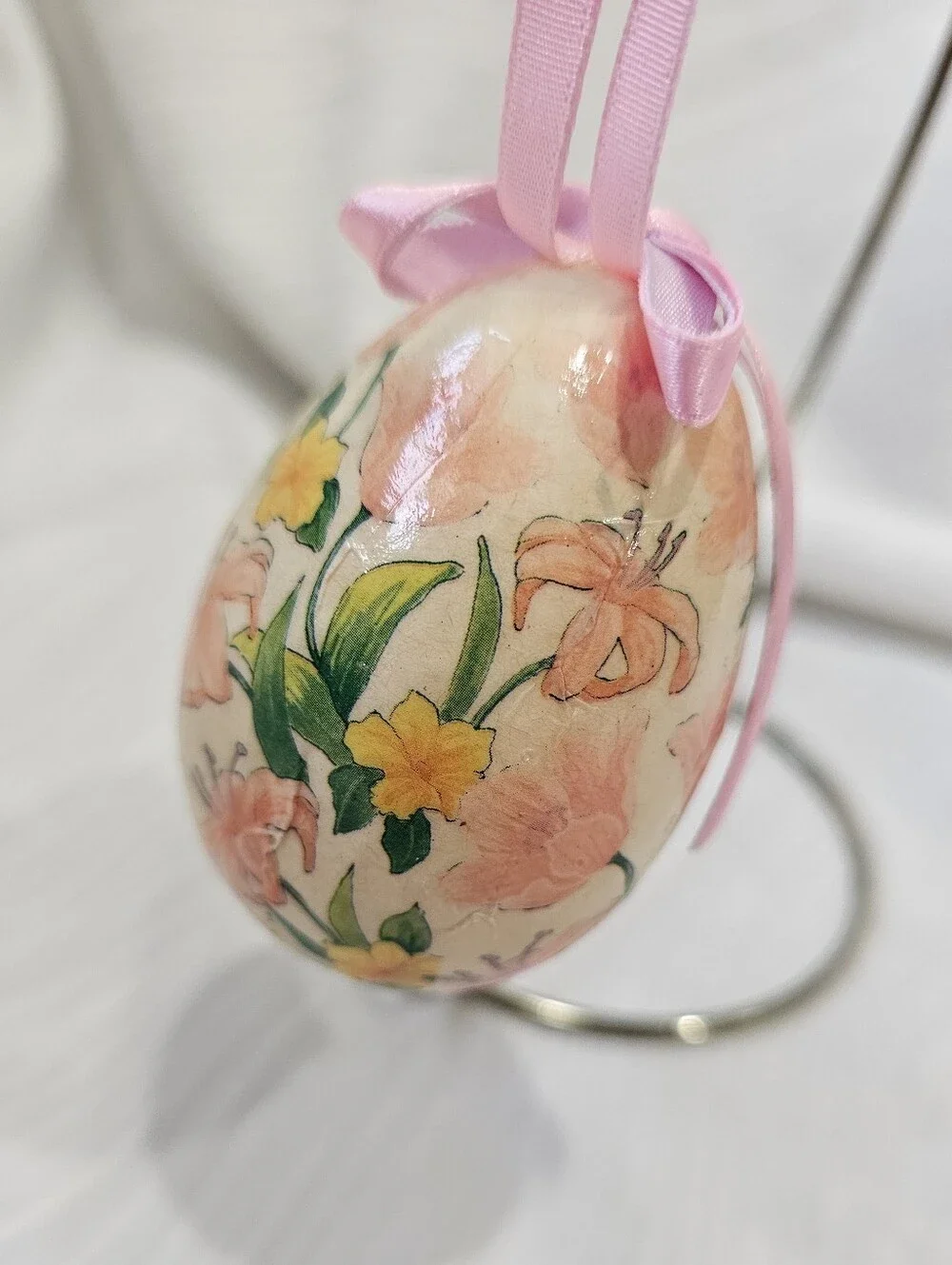 Vintage Paper Mache Pink Floral Hanging Egg Ornament